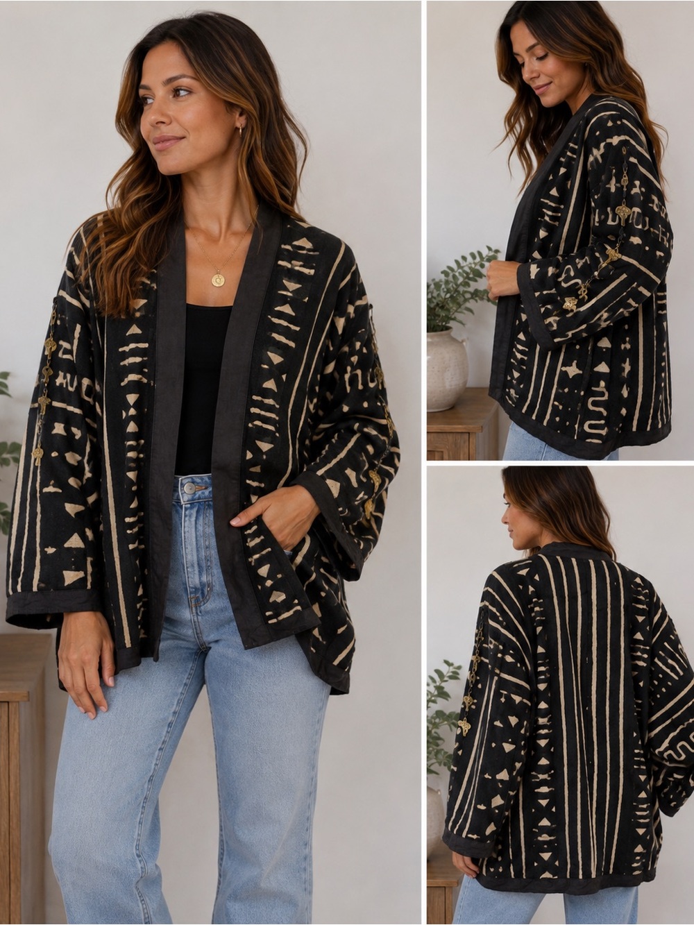 AS-HRO Ethnic Print Cotton Jacket Kimono Ankh Brass Charms XL